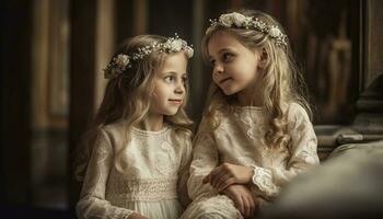 twee schattig prinses zussen spelen, glimlachen blij gegenereerd door ai foto