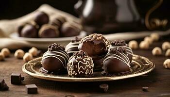 toegeeflijk chocola truffel bord, een fijnproever genot gegenereerd door ai foto