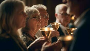 actief senioren genieten wijn en saamhorigheid binnenshuis gegenereerd door ai foto
