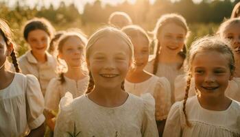 kinderen spelen in natuur, zorgeloos en blij gegenereerd door ai foto