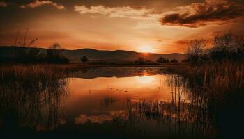 zonsopkomst reflectie Aan rustig vijver, natuur schoonheid gegenereerd door ai foto