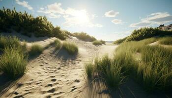 rustig zand duin landschap, zon en golven gegenereerd door ai foto