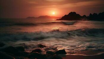 zonsopkomst over- rustig wateren, een tropisch paradijs gegenereerd door ai foto