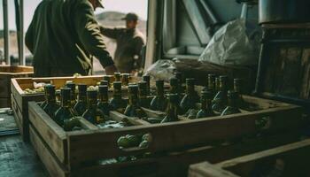 volwassenen werken in wijnmakerij fabricage oud fashioned wijn gegenereerd door ai foto