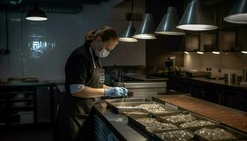 deskundige chef bereidt zich voor voedsel in reclame keuken werkplaats gegenereerd door ai foto