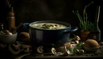 vers vegetarisch soep in rustiek serviesgoed kom gegenereerd door ai foto