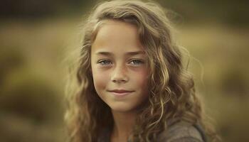 schattig Kaukasisch meisje lachend, genieten van natuur schoonheid gegenereerd door ai foto