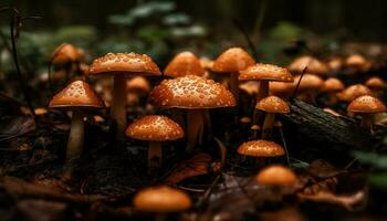 giftig paddestoel gevlekte in onbeschaafd herfst Woud gegenereerd door ai foto