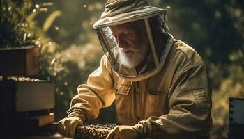 senior imker neigt naar honing bijen in bijenkorf gegenereerd door ai foto