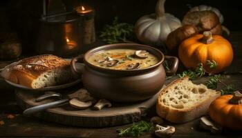 rustiek pompoen soep, eigengemaakt brood, herfst maaltijd gegenereerd door ai foto