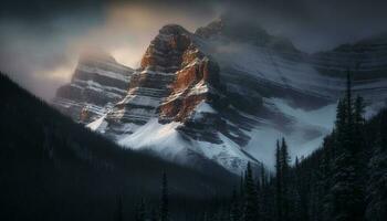 majestueus berg piek, rustig winter landschap avontuur gegenereerd door ai foto