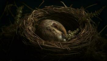 pluizig pasgeboren knaagdier uitkomen in vogelstand nest gegenereerd door ai foto