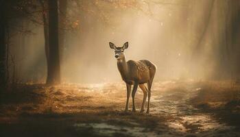 gehoornd hert staat in rustig herfst Woud gegenereerd door ai foto