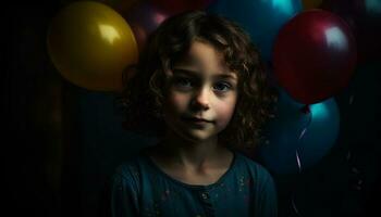 schattig kinderen Holding ballonnen, glimlachen Bij verjaardag partij gegenereerd door ai foto