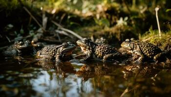 groen pad en schildpad zittend in vijver gegenereerd door ai foto