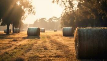 zon gekust tarwe balen in herfst weide gegenereerd door ai foto