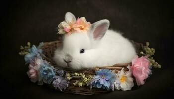 pluizig baby konijn in rieten mand omringd door bloemen gegenereerd door ai foto