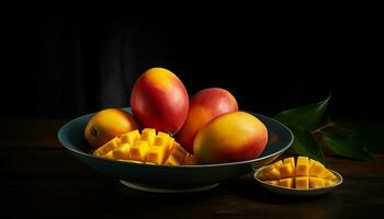 biologisch fruit kom Aan houten tafel decoratie gegenereerd door ai foto
