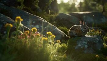 pluizig jong konijn zittend in groen weide gegenereerd door ai foto