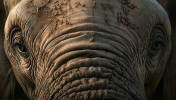 gerimpeld olifant kofferbak, slagtand, en groot oren gegenereerd door ai foto