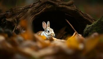 pluizig jong konijn zittend Aan groen gras gegenereerd door ai foto