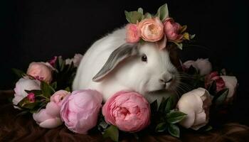 pluizig baby konijn met roze tulp boeket gegenereerd door ai foto