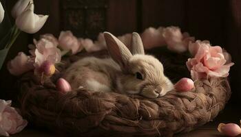 pluizig baby konijn viert voorjaar met tulp gegenereerd door ai foto