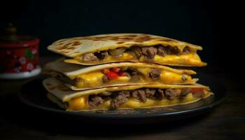 gegrild rundvlees taco Aan eigengemaakt flatbread bord gegenereerd door ai foto