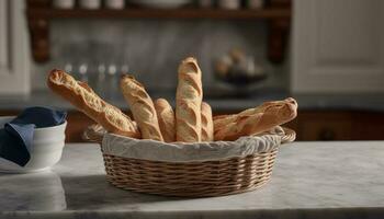 vers gebakken brood en gebakjes in rieten mand gegenereerd door ai foto