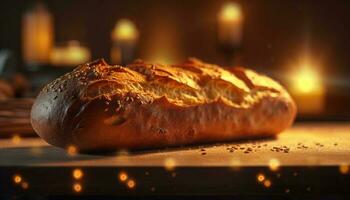 vers gebakken brood Aan rustiek houten tafel gegenereerd door ai foto