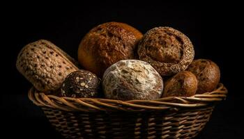 vers biologisch brood in rieten mand, rustiek decoratie gegenereerd door ai foto