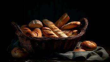 een rustiek mand van vers, biologisch brood gegenereerd door ai foto