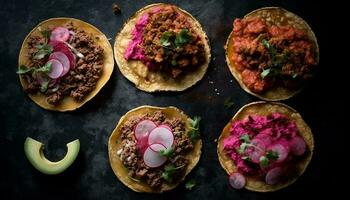 gegrild rundvlees taco met guacamole en koriander gegenereerd door ai foto