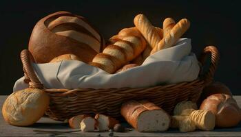 een rustiek mand van vers gebakken Frans brood gegenereerd door ai foto