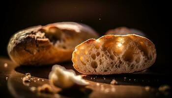 vers gebakken rustiek brood, een gezond maaltijd gegenereerd door ai foto