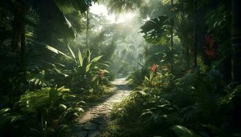 rustig voetpad winden door tropisch regenwoud schoonheid gegenereerd door ai foto