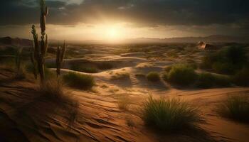 zonsopkomst over- majestueus zand duinen in Afrika gegenereerd door ai foto