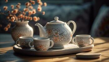 rustiek elegantie heet thee in antiek theepot gegenereerd door ai foto