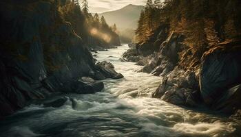 rustig tafereel vloeiende water, majestueus berg reeks gegenereerd door ai foto