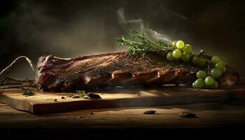 gerookt varkensvlees filet Aan rustiek hout bord gegenereerd door ai foto