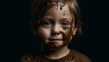 schattig rommelig kind geniet chocola toetje binnenshuis gegenereerd door ai foto