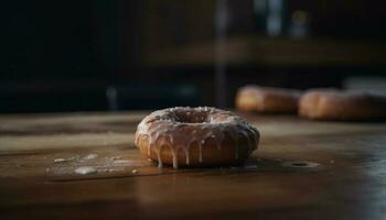 zoet donut tussendoortje Aan rustiek hout tafel gegenereerd door ai foto
