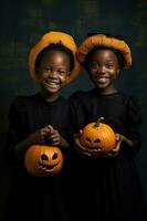 een illustratie van kinderen vervelend een halloween kostuum , ai gegenereerd foto