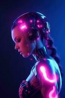 illustratie van een cyborg vrouw en ai technologie achtergrond , ai gegenereerd foto