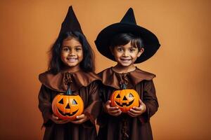 een illustratie van kinderen vervelend een halloween kostuum , ai gegenereerd foto