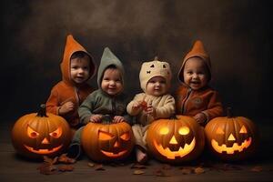 een illustratie van kinderen vervelend een halloween kostuum , ai gegenereerd foto