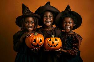 een illustratie van kinderen vervelend een halloween kostuum , ai gegenereerd foto