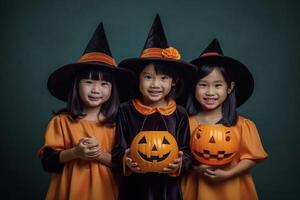 een illustratie van kinderen vervelend een halloween kostuum , ai gegenereerd foto