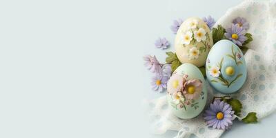 banier met Pasen eieren in pastel kleuren met bloemen decor Aan hen. paars bloemen in de omgeving van en kant kleding stof Aan licht grijs achtergrond. ai gegenereerd foto