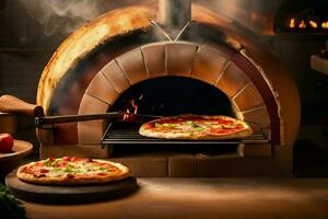hout ontslagen oven met een perfect gekookt pizza wezen getrokken uit foto